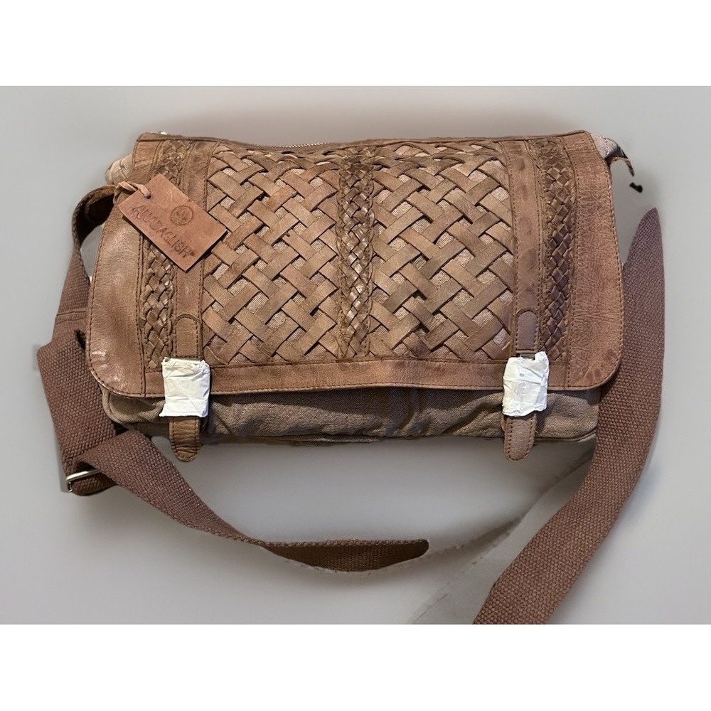 Anabaglish large distressed cotton canvas‎ leather trim crossbody/shoulder bag